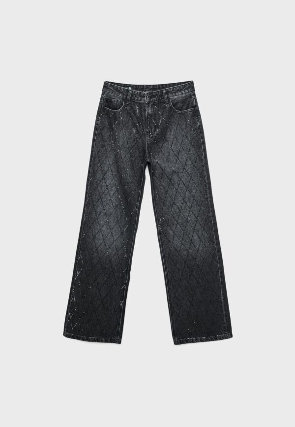 Washed Black Wide-Leg Jeans with Rhinestone Diamond Pattern