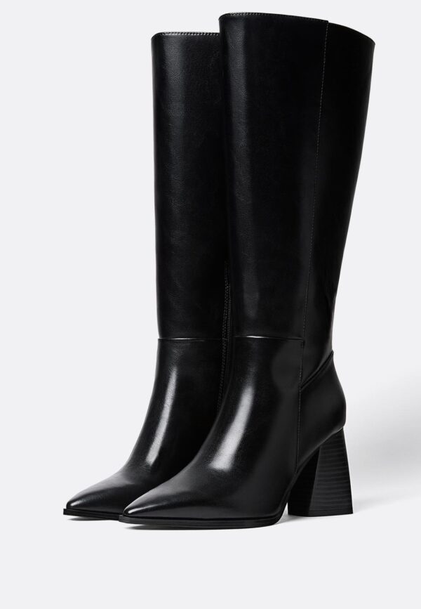 Black Pointed-Toe Block Heel Knee-High Boots